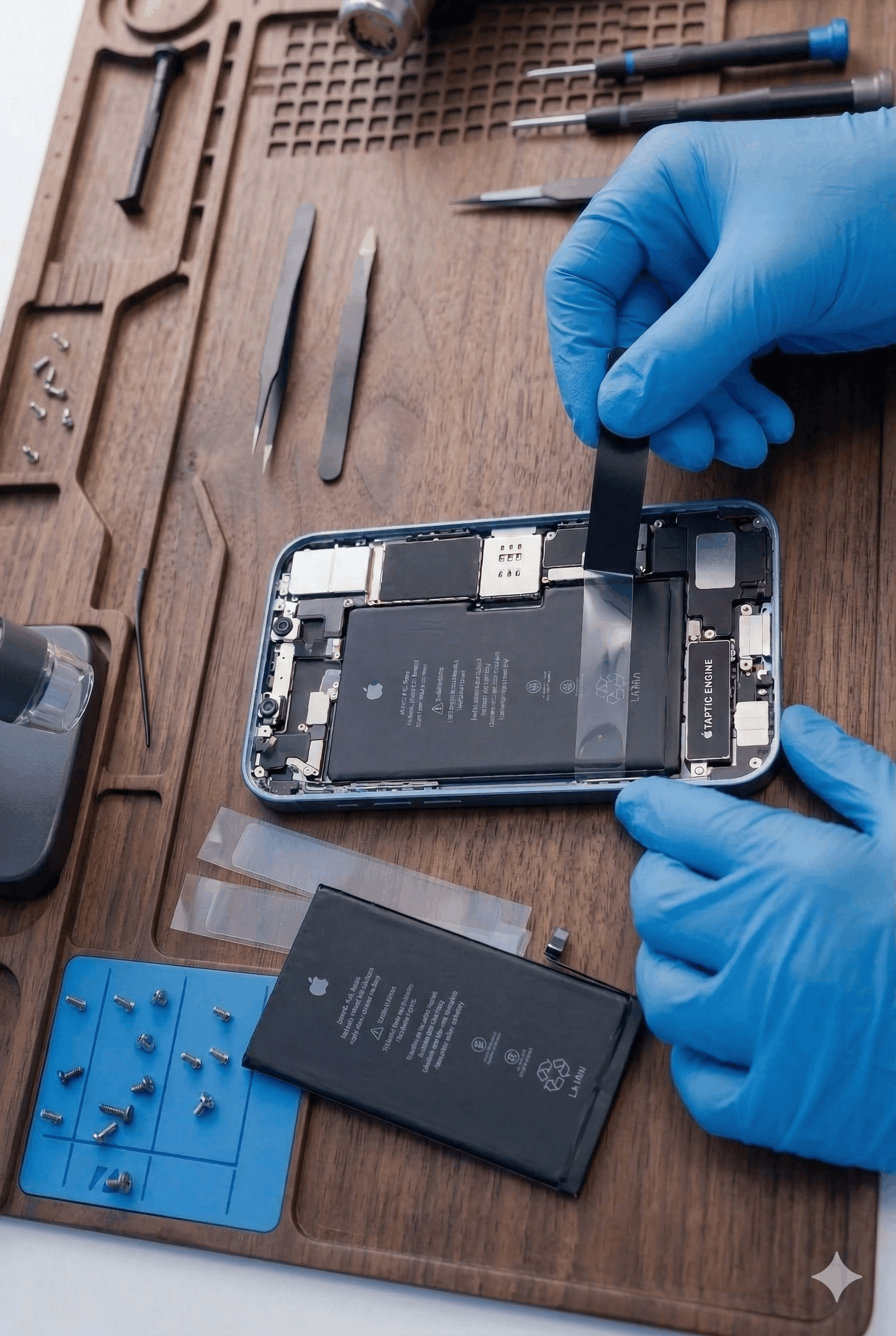 Wymiana oryginalnej baterii iPhone – technik w rękawiczkach instaluje nową baterię w niebieskim iPhone w serwisie kamilbs w Warszawie